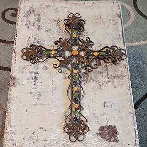 ✝️​ Large Ornate Metal Wall Cross 28" x 21" | Rustic Southwestern Jewel Tones